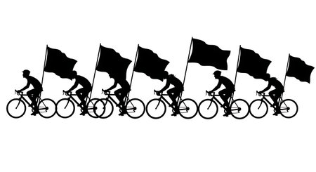 Black Solid Cyclist with Flag Silhouettes Set of Six on White Background isolated on plain white background.のイラスト素材