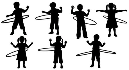 Black Solid Kids Hula Hooping Silhouettes Set of Six on White Background isolated on plain white background.のイラスト素材