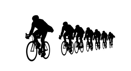 Black Solid Cyclist in Rain Silhouettes Set of Six on White Background isolated on plain white background.のイラスト素材