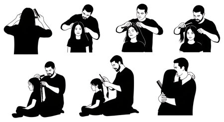 Black Solid Father Combing Hair Silhouettes Set of Six on White Background isolated on plain white background.のイラスト素材