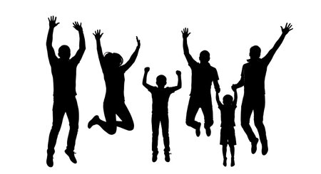 Black Solid Happy Family Jumping Silhouettes Set of Six on White Background isolated on plain white background.のイラスト素材