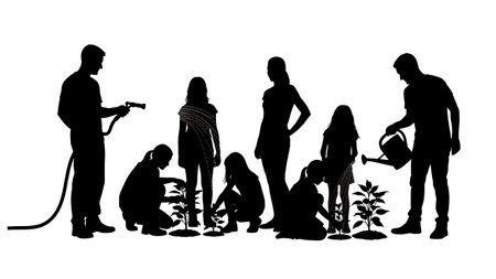 Black Solid Family Watering Plants Silhouettes Set of Six on White Background isolated on plain white background.のイラスト素材