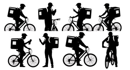Black Solid Food Delivery Cyclist Silhouettes Set of Six on White Background isolated on plain white background.のイラスト素材
