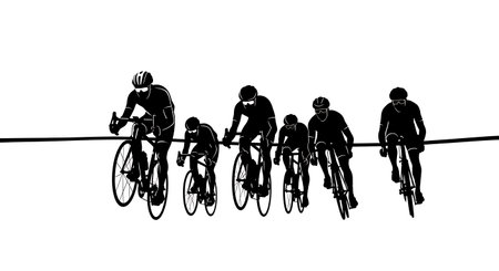 Black Solid Cyclist Bike Throw Silhouettes Set of Six on White Background isolated on plain white background.のイラスト素材