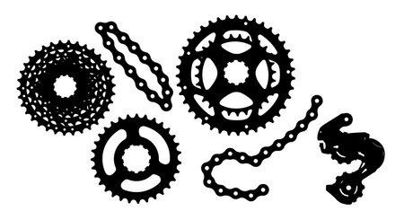 Black Solid Bicycle Gears and Chain Silhouettes Set of Six on White Background isolated on plain white background.のイラスト素材