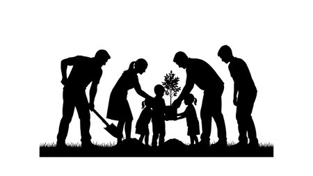 Black Solid Family Planting Tree Silhouettes Set of Six on White Background isolated on plain white background.のイラスト素材