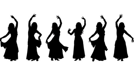 Black Solid Belly Dancer Silhouettes Set of Six on White Background isolated on plain white background.のイラスト素材