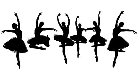 Black Solid Ballerina Leaps Silhouettes Set of Six on White Background isolated on plain white background.のイラスト素材