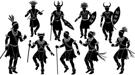 Black Solid African Dance Silhouettes Set of Six on White Background isolated on plain white background.のイラスト素材