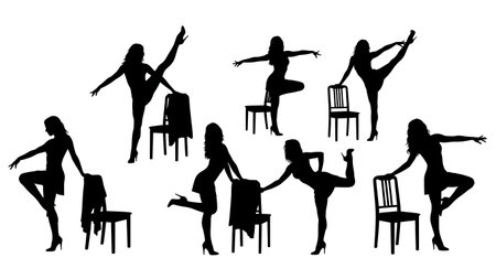 Black Solid Chair Dance Silhouettes Set of Six on White Background isolated on plain white background.のイラスト素材