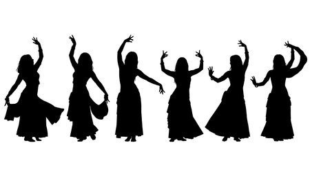 Black Solid Belly Dancer Silhouettes Set of Six on White Background isolated on plain white background.のイラスト素材