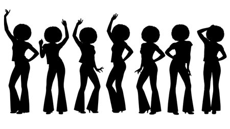 Black Solid Disco Diva Silhouettes Set of Six on White Background isolated on plain white background.のイラスト素材