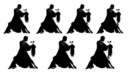 Black Solid Tango Rose Silhouettes Set of Six on White Background isolated on plain white background.のイラスト素材