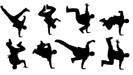 Black Solid Breakdance Power Silhouettes Set of Six on White Background isolated on plain white background.のイラスト素材