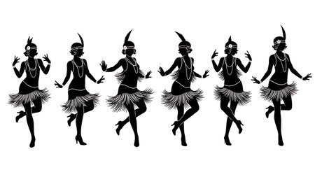 Black Solid Charleston Dance Silhouettes Set of Six on White Background isolated on plain white background.のイラスト素材