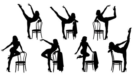 Black Solid Chair Dance Silhouettes Set of Six on White Background isolated on plain white background.のイラスト素材