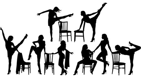 Black Solid Chair Dance Silhouettes Set of Six on White Background isolated on plain white background.のイラスト素材