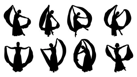 Black Solid Lyrical Dance Silhouettes Set of Six on White Background isolated on plain white background.のイラスト素材