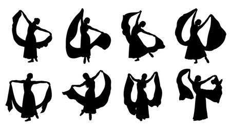 Black Solid Lyrical Dance Silhouettes Set of Six on White Background isolated on plain white background.のイラスト素材