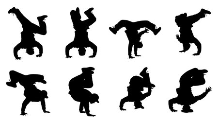Black Solid Breakdance Power Silhouettes Set of Six on White Background isolated on plain white background.のイラスト素材