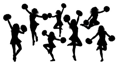 Black Solid Cheerleader Silhouettes Set of Six on White Background isolated on plain white background.のイラスト素材