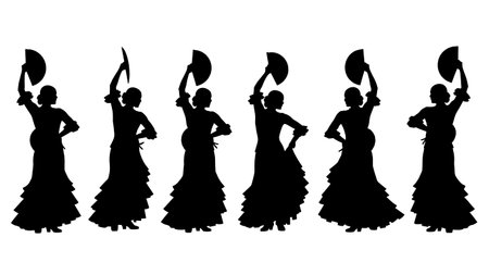 Black Solid Flamenco Dancer Silhouettes Set of Six on White Background isolated on plain white background.のイラスト素材
