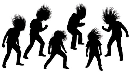 Black Solid Headbanging Silhouettes Set of Six on White Background isolated on plain white background.のイラスト素材