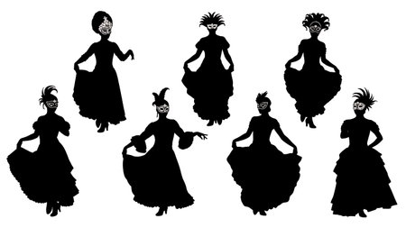 Black Solid Masquerade Dance Silhouettes Set of Six on White Background isolated on plain white background.のイラスト素材