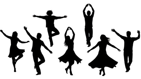 Black Solid Rain Dance Silhouettes Set of Six on White Background isolated on plain white background.のイラスト素材