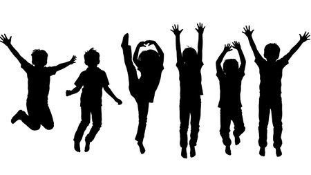 Black Solid Kids Dancing Silhouettes Set of Six on White Background isolated on plain white background.のイラスト素材