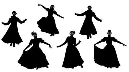 Black Solid Masquerade Dance Silhouettes Set of Six on White Background isolated on plain white background.のイラスト素材