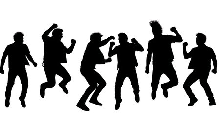 Black Solid Punk Mosh Silhouettes Set of Six on White Background isolated on plain white background.のイラスト素材