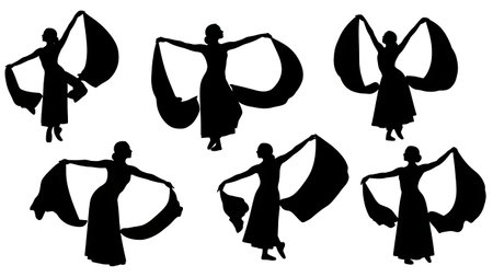 Black Solid Lyrical Dance Silhouettes Set of Six on White Background isolated on plain white background.のイラスト素材