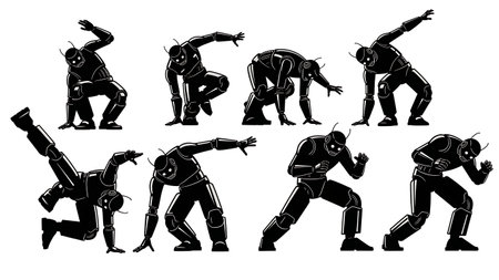 Black Solid Robot Dance Silhouettes Set of Six on White Background isolated on plain white background.のイラスト素材