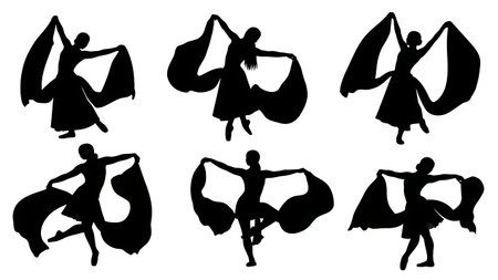Black Solid Lyrical Dance Silhouettes Set of Six on White Background isolated on plain white background.のイラスト素材