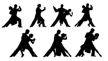 Black Solid Tango Dancer Silhouettes Set of Six on White Background isolated on plain white background.のイラスト素材