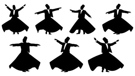 Black Solid Sufi Whirling Silhouettes Set of Six on White Background isolated on plain white background.のイラスト素材