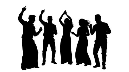 Black Solid Circle Dance Silhouettes Set of Six on White Background isolated on plain white background.のイラスト素材