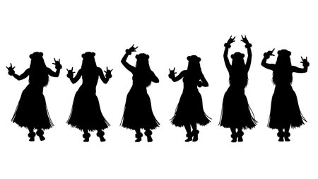 Black Solid Hula Dancer Silhouettes Set of Six on White Background isolated on plain white background.のイラスト素材