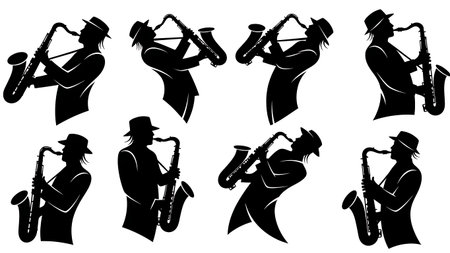 Black Solid Abstract Saxophone Player Silhouettes Set of Six on White Background isolated on plain white background.のイラスト素材