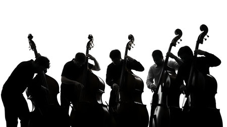 Black Solid Acoustic Bass Silhouettes Set of Six on White Background isolated on plain white...