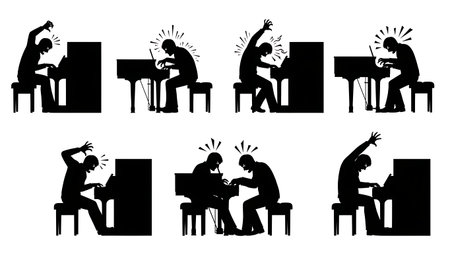 Black Solid Angry Pianist Silhouettes Set of Six on White Background isolated on plain white background.のイラスト素材