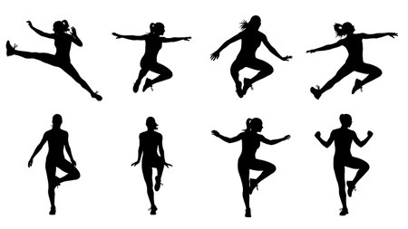 Black Solid Jumping Jack Silhouettes Set of Six on White Background isolated on plain white background.のイラスト素材