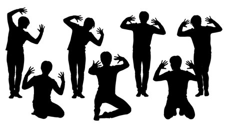 Black Solid Arm Wave Tutting Combo Silhouettes Set of Six isolated on plain white background.のイラスト素材