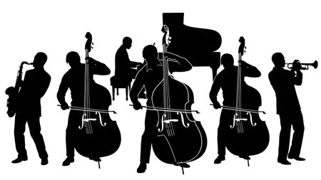 Black Solid Arco Jazz Bass Silhouettes Set of Six on White Background isolated on plain white background.のイラスト素材
