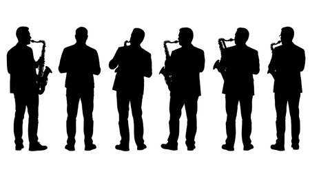 Black Solid Back View Saxophone Player Silhouettes Set of Six on White Background isolated on plain white background.のイラスト素材