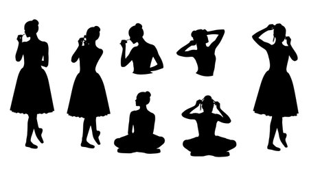 Black Solid Ballerina Backstage Prep Silhouettes Set of Six on White Background isolated on plain white background.のイラスト素材