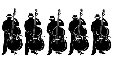 Black Solid Arco Jazz Bass Silhouettes Set of Six on White Background isolated on plain white background.のイラスト素材