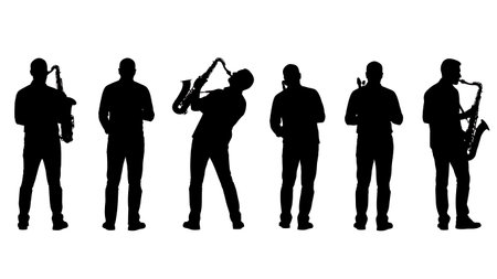 Black Solid Back View Saxophone Player Silhouettes Set of Six on White Background isolated on plain white background.のイラスト素材