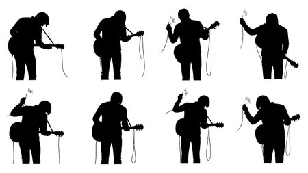 Black Solid Broken Guitar String Silhouettes Set of Six on White Background isolated on plain white background.のイラスト素材